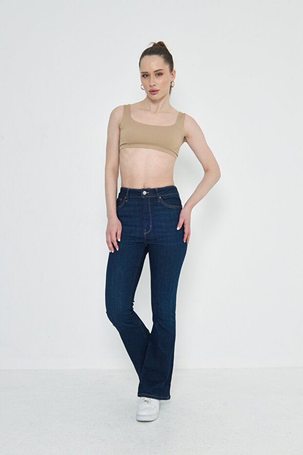 Navy Blue Stitching Detailed Flare Women's Jeans
