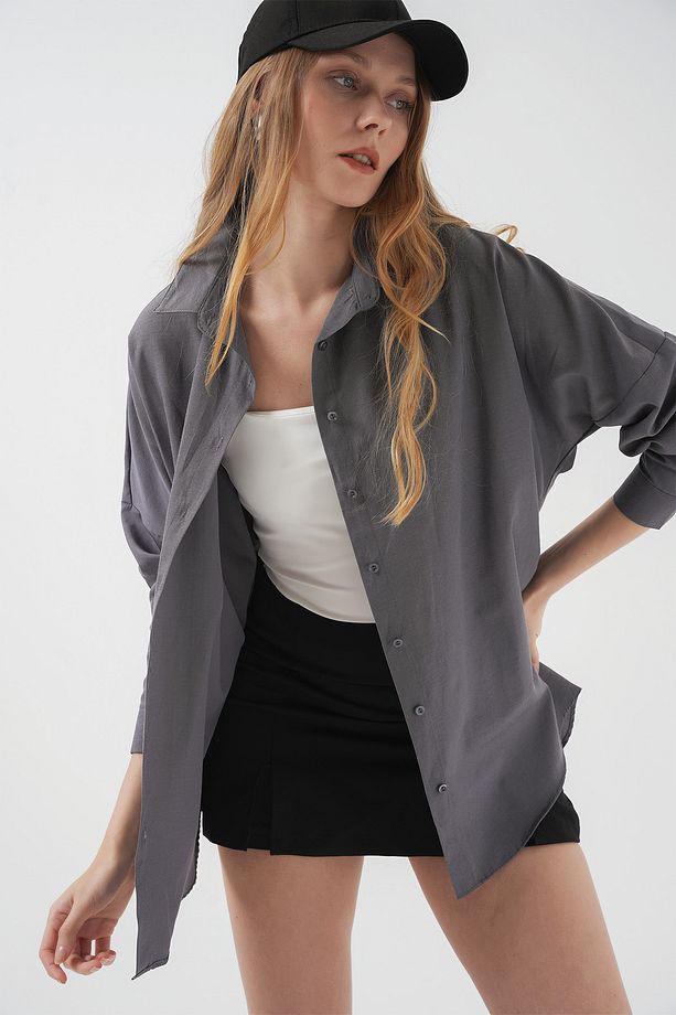 Kadın Gri Düz Oversize Uzun Basic Gömlek 3900 - 4