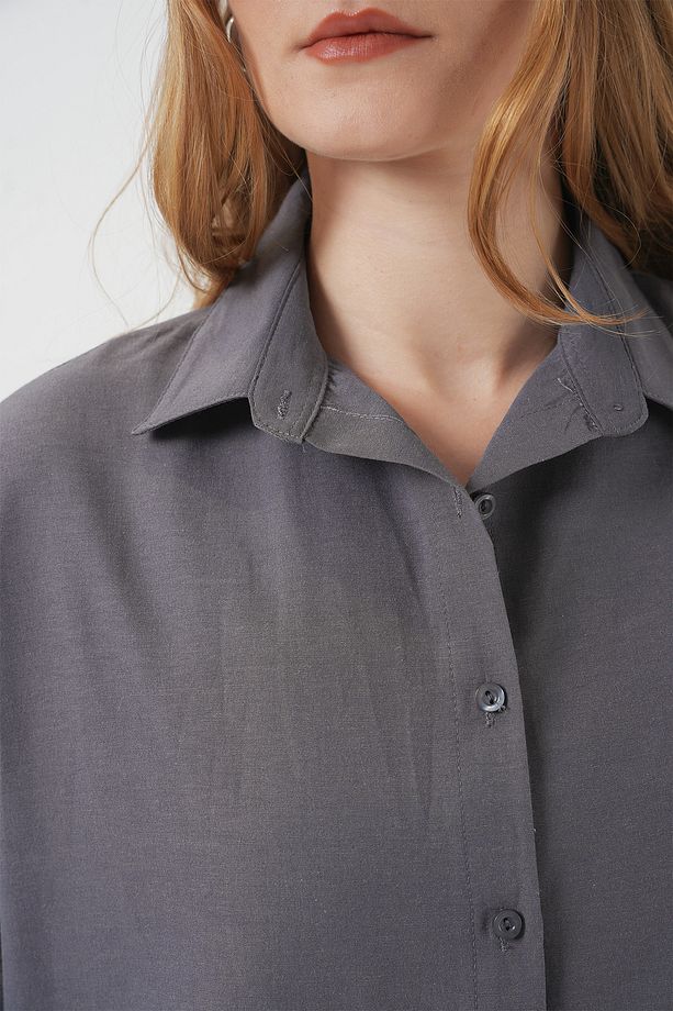 Kadın Gri Düz Oversize Uzun Basic Gömlek 3900 - 5