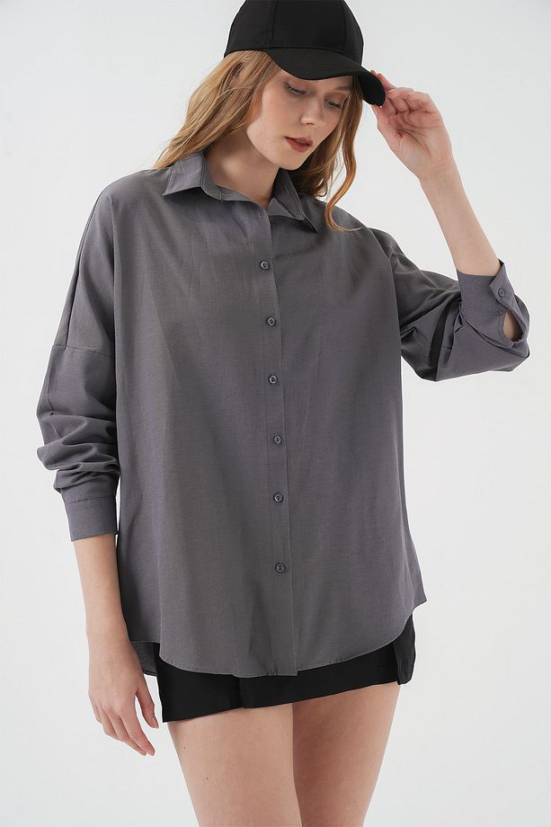 Kadın Gri Düz Oversize Uzun Basic Gömlek 3900 - 3