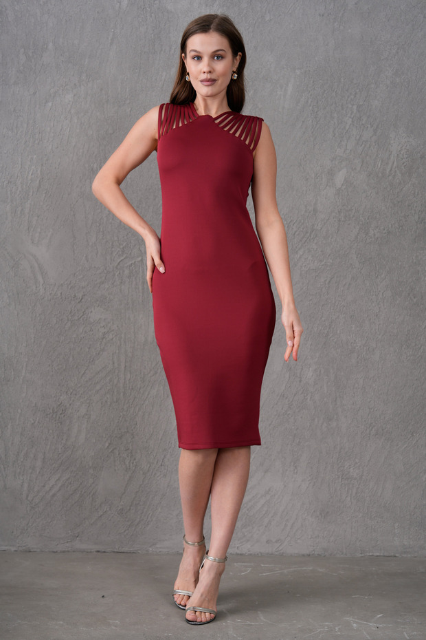 Stretchy Fabric Slim Fit Slim Fit Burgundy Midi Evening Dress 2387