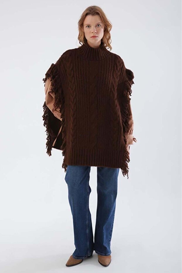 Kahve-Saçaklı Triko Panço - 2