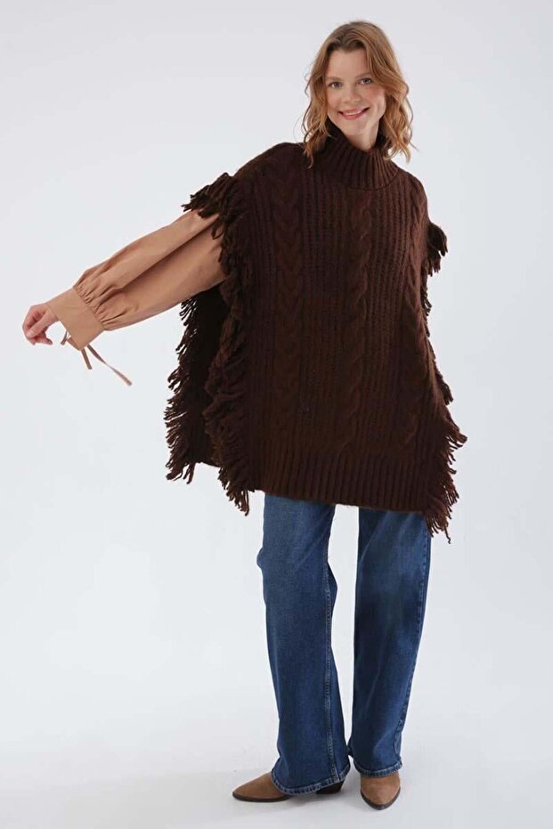 Kahve-Saçaklı Triko Panço - 1