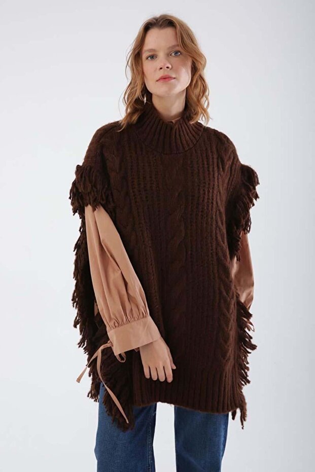 Kahve-Saçaklı Triko Panço - 5