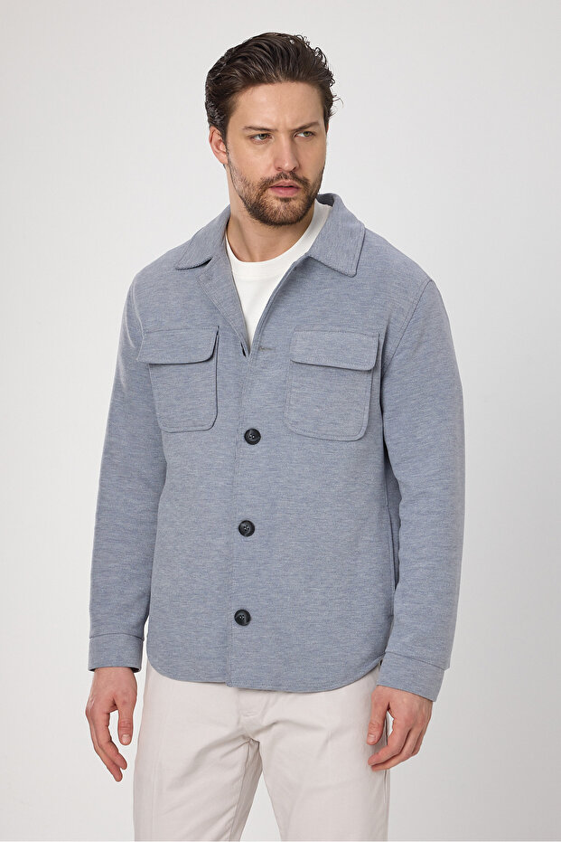Men's Blue Slim Fit Spring Trench Jacket Knitted Stretchy Fabric Cover Slim Fit with Pockets