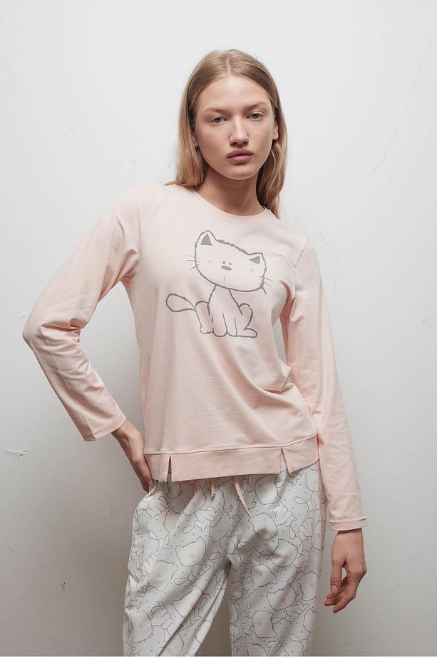 Kadın Pamuklu Uzun Kollu Pijama Üstü - 1