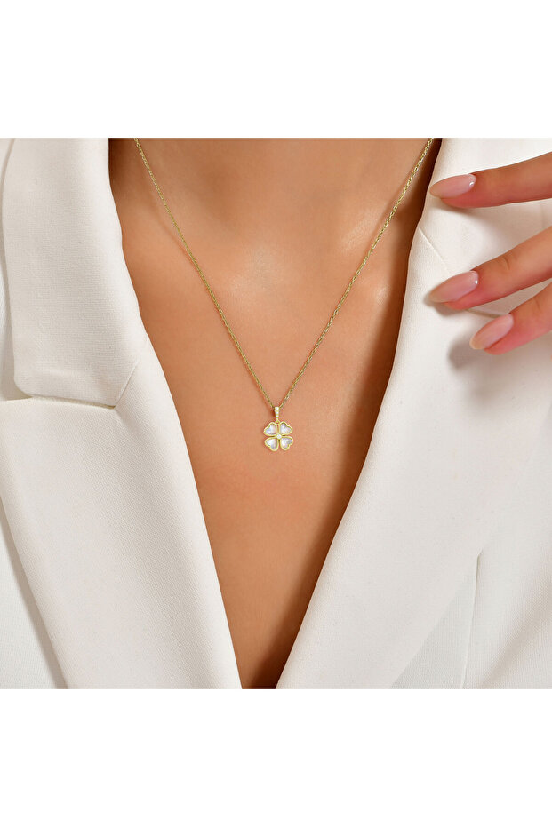 Dört Yapraklı Yonca Kolye Sedef Taşlı 925 Ayar Gümüş Sarı Renk - 3