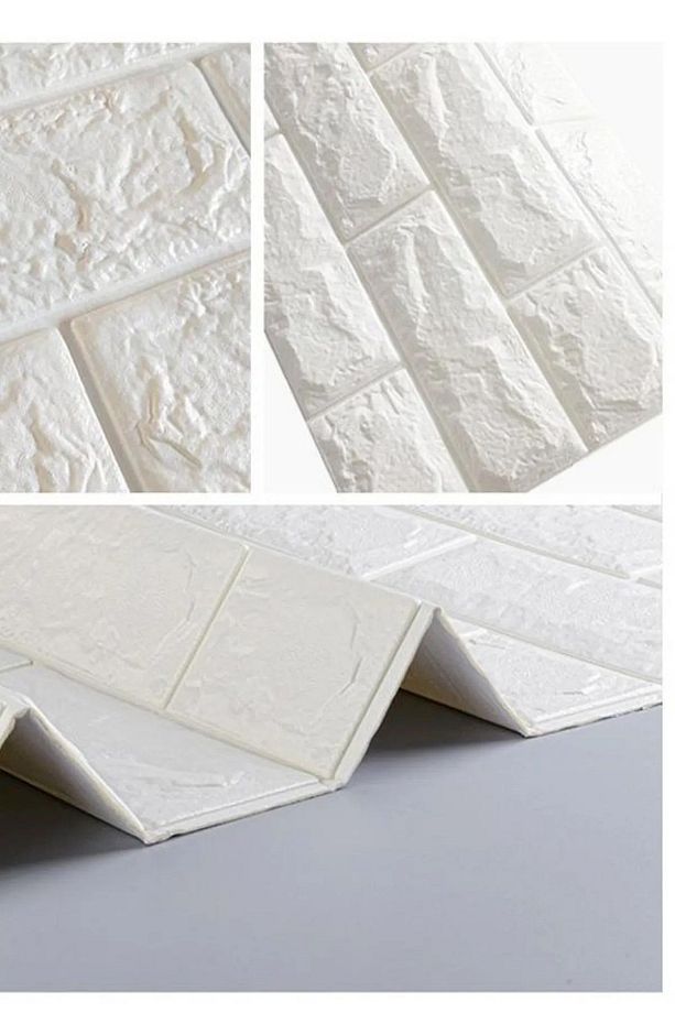 Yeni 70x77 Cm 0,54 M² Kendinden Yapışkanlı Duvar Sticker 3D Esnek Köpük Kendin Yap Beyaz Taş Desen - 8