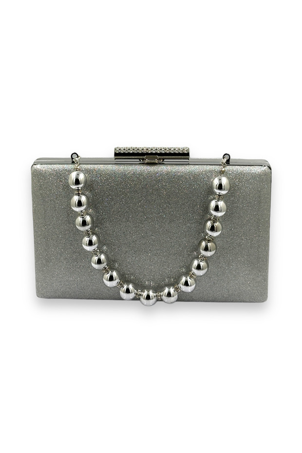 Silver Kumsim Imported Evening Dress Bag with Silicone Coated Pearl Strap Evening Bag Henna