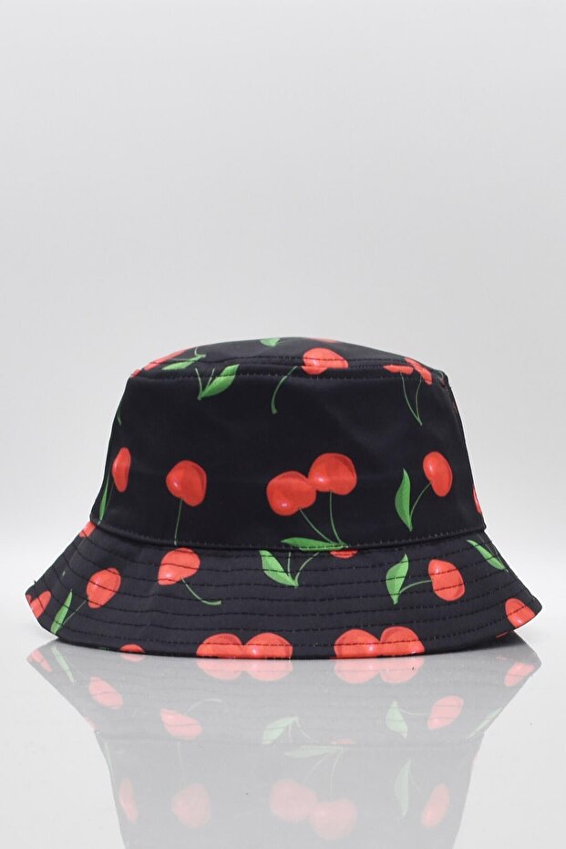 Cherry Pattern Women's Bucket Fisherman Hat - Black