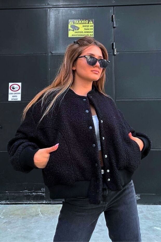 Oversize Gray Pocketed Snap Closure Cashmere-Like Wool Appearance Women's Loose Fit Pinterest Equivalent Coat Jacket