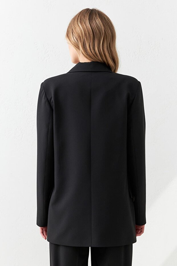 Black Asymmetrical Button Detailed Long Jacket - 3