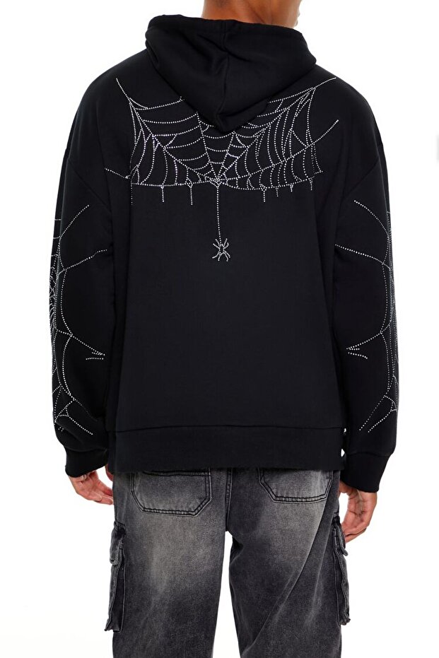 Taş İşlemeli Örümcek Ağı Kapüşonlu Sweatshirt - 5