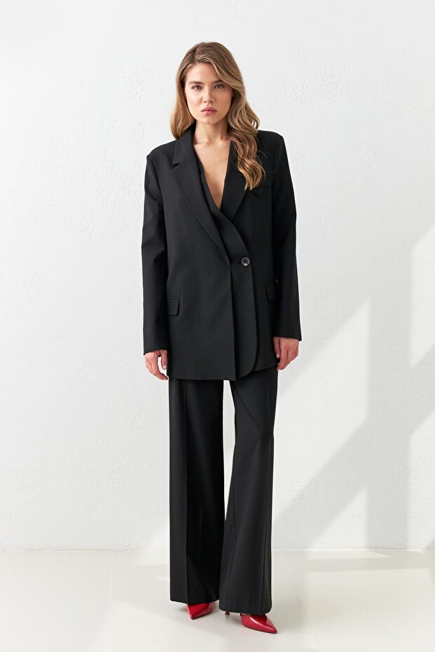 Black Asymmetrical Button Detailed Long Jacket - 4