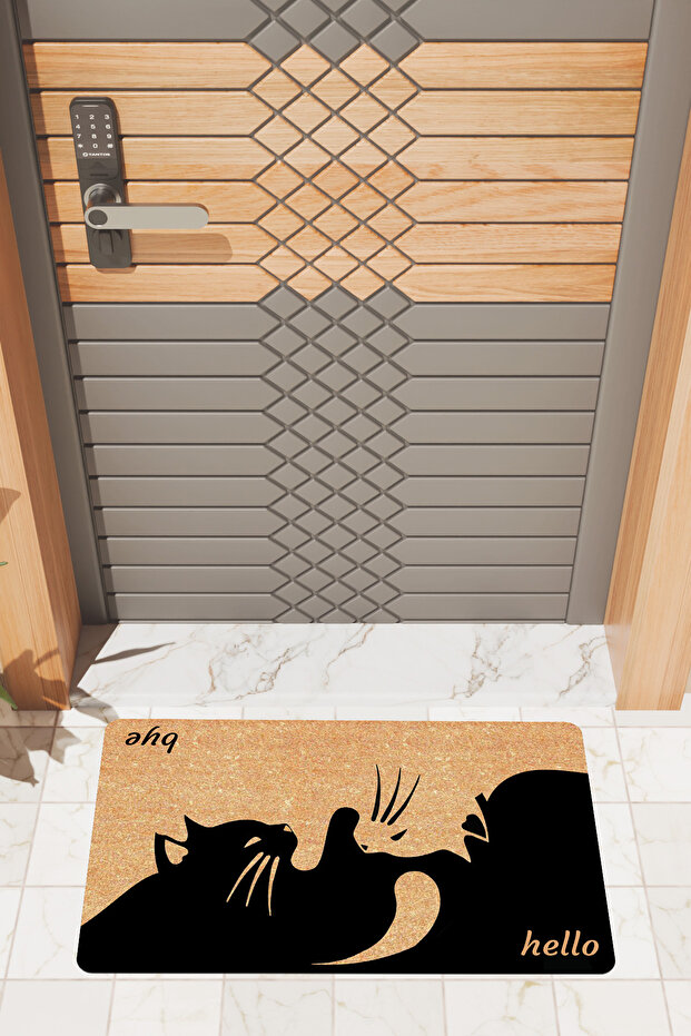 Modern Dijtal Baskı Kedili Hello ve Bye Kapı Önü Paspası - 1