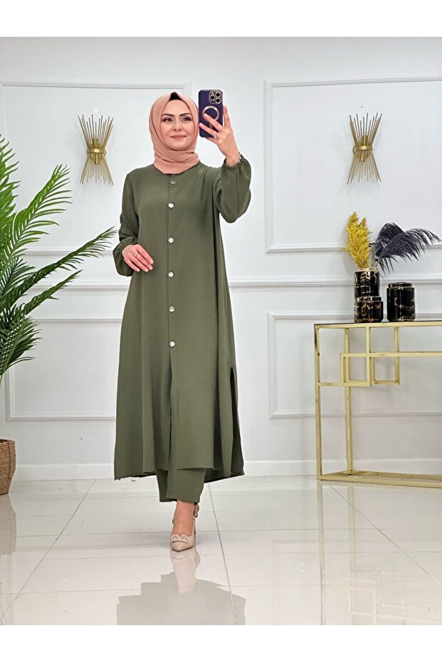 Metal Button Slit Detail Tunic Pants Set Icon