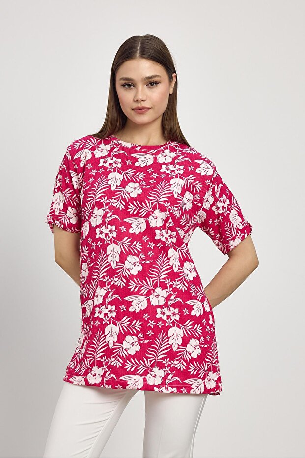 Fuchsia Floral Pattern T-Shirt 4357A - 3