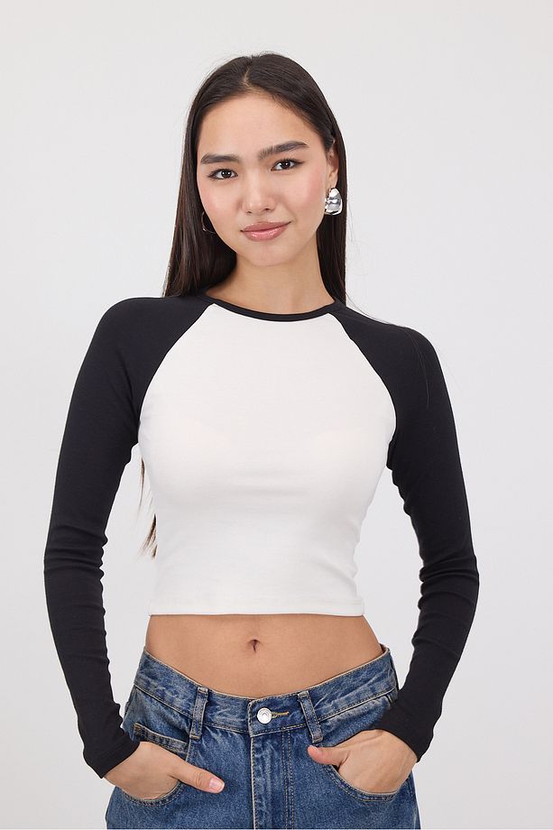 Reglan Uzun Kollu Crop Bluz B1634-i13 - 2