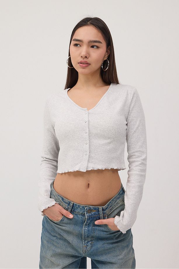 Uzun Kollu Düğmeli Crop Hırka H1666-T10 - 3