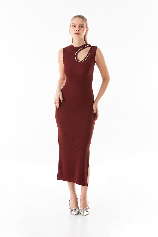 Ribbed Shoulder Window Detail Rhinestone Dress