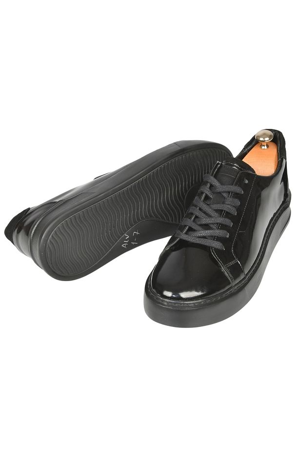 Erkek Siyah Bağcıklı Yüksek Taban Parlak Ortopedik Casual Deri Ayakkabı Sneaker 2509967 - 6