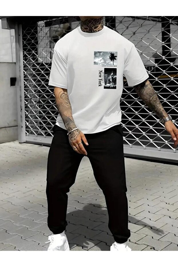 Men's Jogger Tracksuit Set - Comfortable Fit, White, a Nice Printed T-Shirt