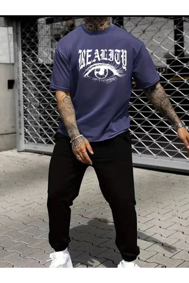 Men's Frea Eye Printed T-Shirt Sweatpants Jogger Casual Fit Navy Blue Tracksuit Suit New Model