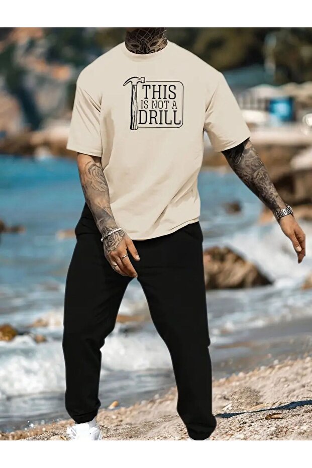 Men's Thıs Printed T-shirt Sweatpants Jogger Comfortable Fit Beige Tracksuit Set New Model