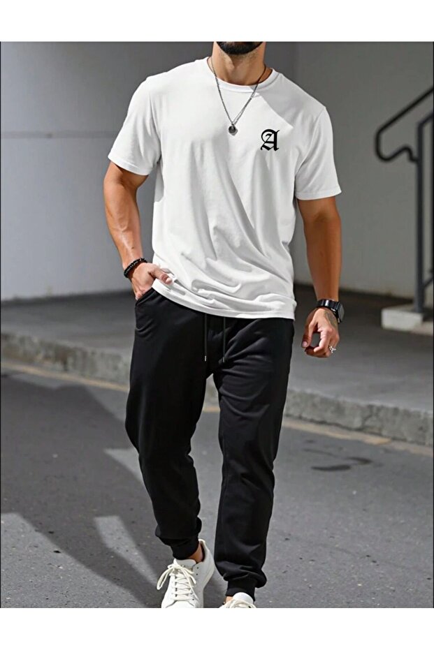 Men's a Chest Printed T-Shirt Sweatpants Jogger Comfortable Fit White Sweatpants Set New Model