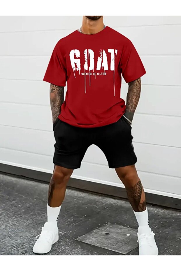 Goat T-Shirt Printed Short Wide Leg Comfortable Fit Black Bottom Red Top Short Set