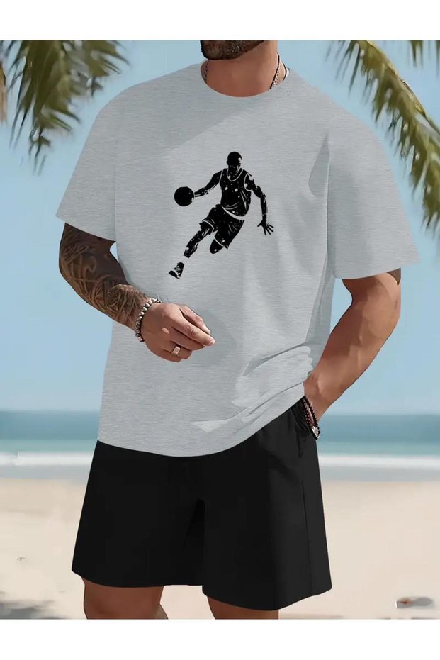 Basketball Man Printed T-Shirt Short Wide Leg Comfortable Fit Black Bottom Gray Top Short Suit