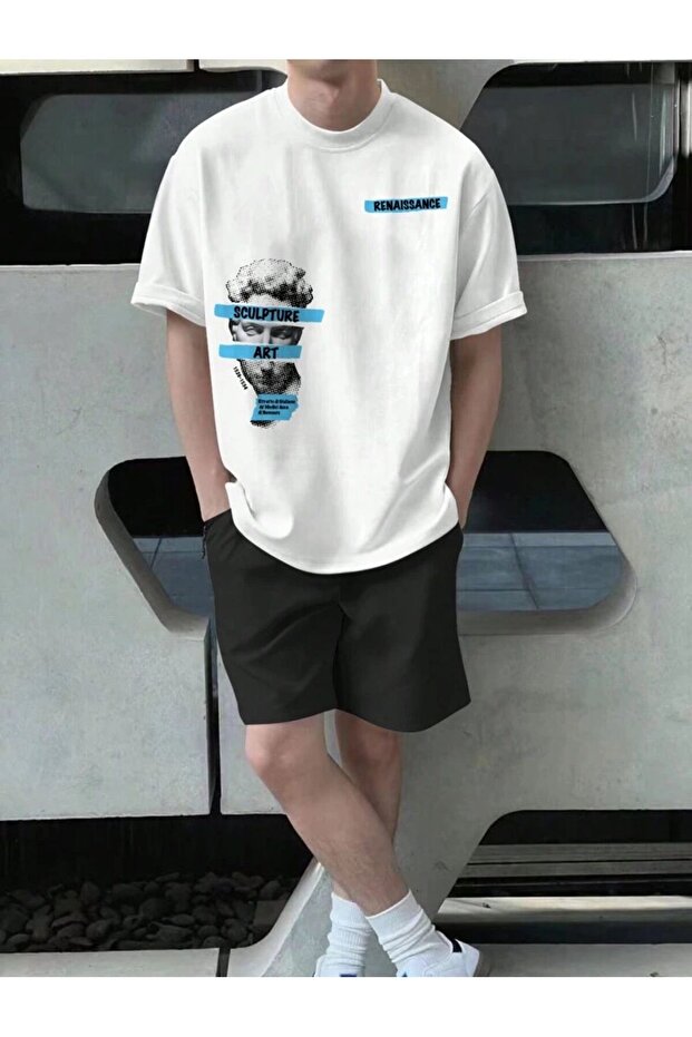 Men's Sculpture Printed T-Shirt Short Wide Leg Comfortable Fit Black Bottom White Top Short Set