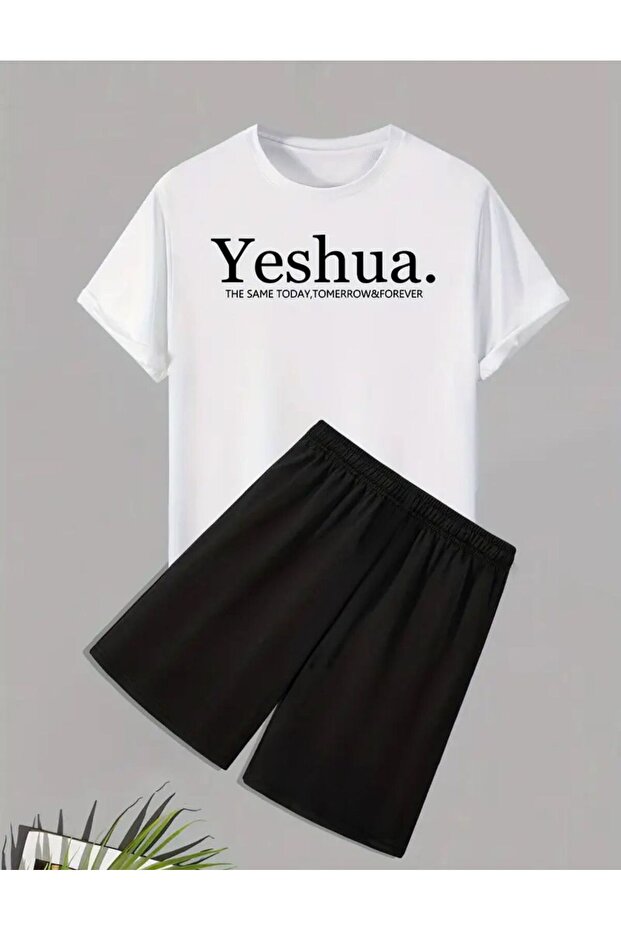 Men's Yeshua Printed T-Shirt Short Wide Leg Comfortable Fit Black Bottom White Top Short Set