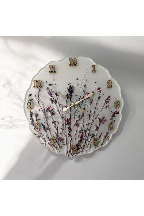 Epoksi Reçine Duvar Saati - Kurutulmuş Çiçek - Çap 30 Cm - 1