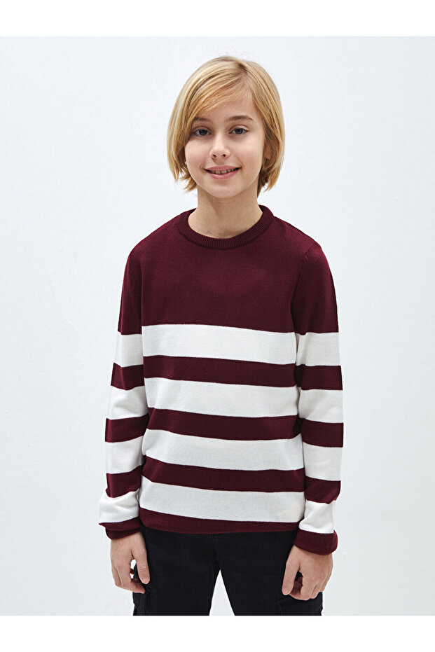 Crew Neck Striped Long Sleeve Boy's Knitwear Sweater