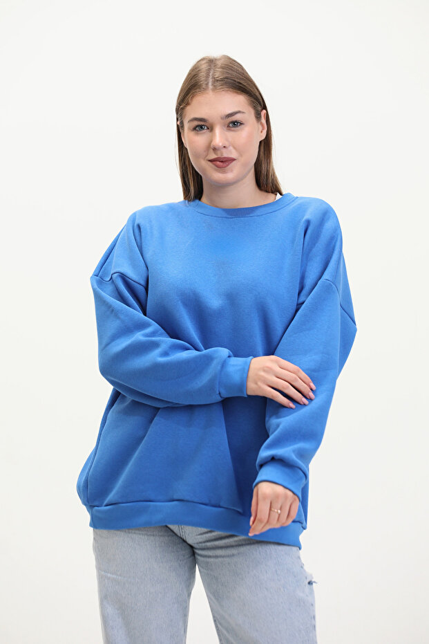 Blue Women's Crew Neck Oversize Inner Fleece Thick and Soft Textured Basic Sweatshirt