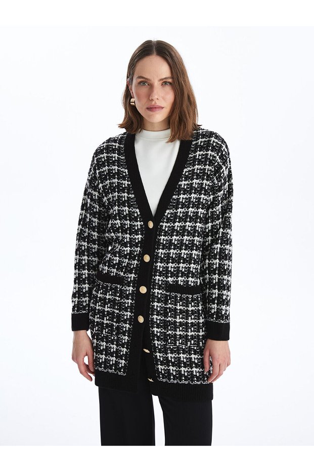 V-Neck Plaid Long Sleeve Women's Knitwear Cardigan