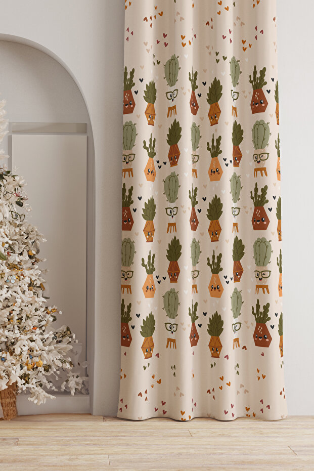 Ays Home Cactus Patterned Children's Room Curtain (135 Cmx260 cm) Without Pleats