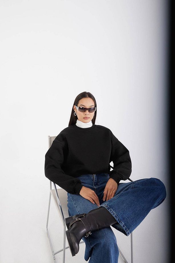 Şardonlu Bisiklet Yaka Basic Sweatshirt S3812-w1 - 1