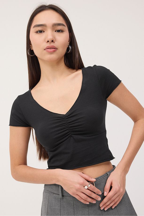V Yaka Kısa Kollu Crop Bluz B1626-T8 - 2