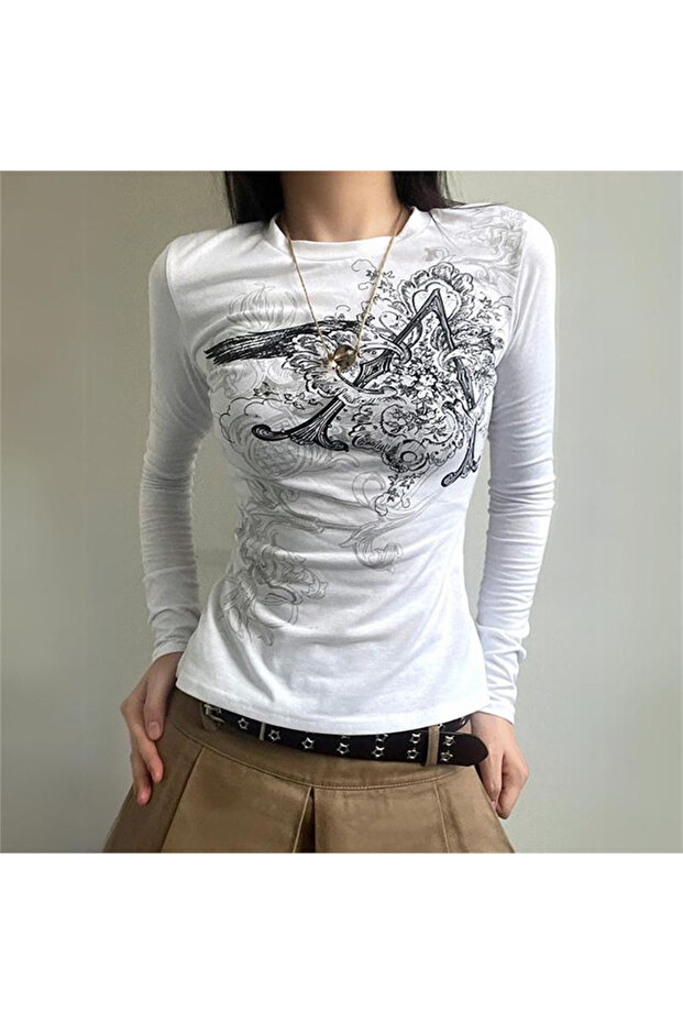White Vintage Punk Patterned Long Sleeve Crop