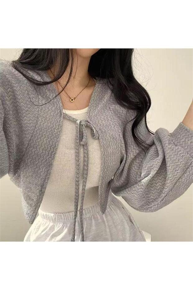 Gray Balloon Sleeve Lace-Up Bolero Cardigan