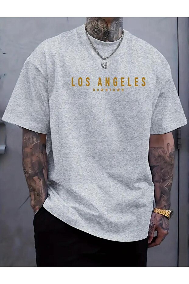 Losangeles Downtown Printed Cotton Combed Round Neck Gray T-Shirt