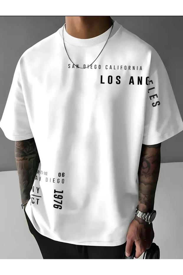 Sandıego California Sleeve Printed Cotton Combed Round Neck White T-Shirt