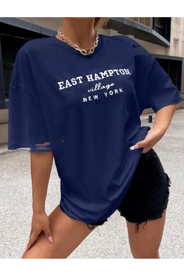 East Printed Women's Casual Fit Cotton Combed Cotton Short Sleeve Round Neck Navy T-Shirt