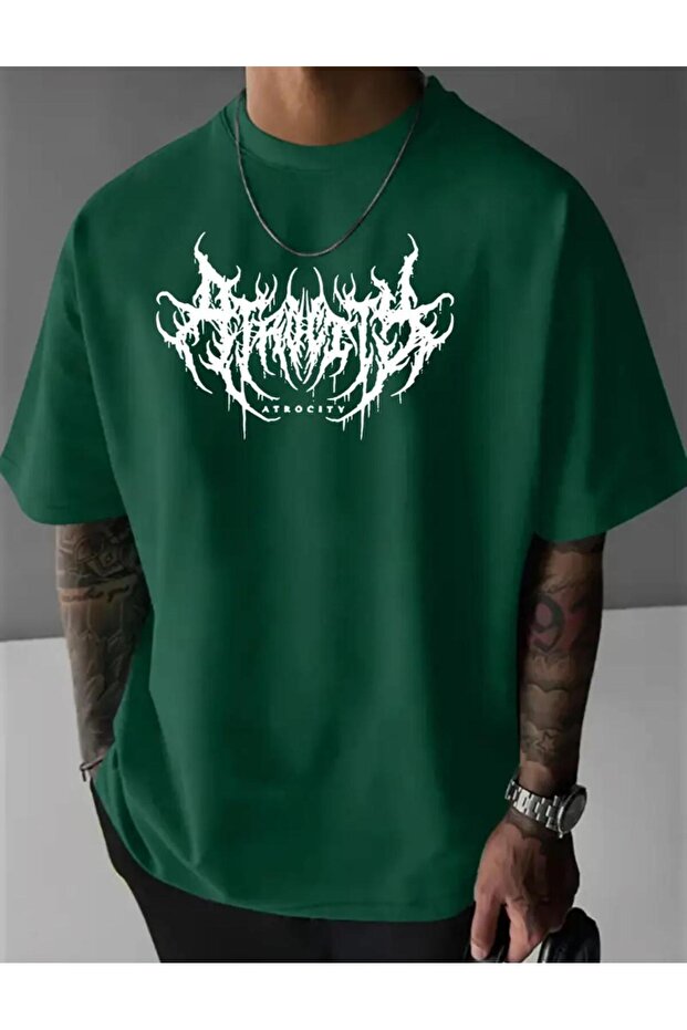Atroctıy Men's Printed Slimfit Fit Cotton Combed Green T-Shirt