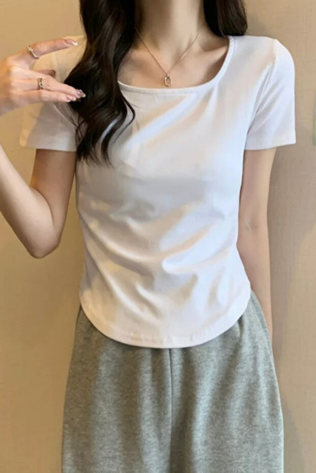 Beyaz Basic Y2K Kısa Kollu Crop - 2