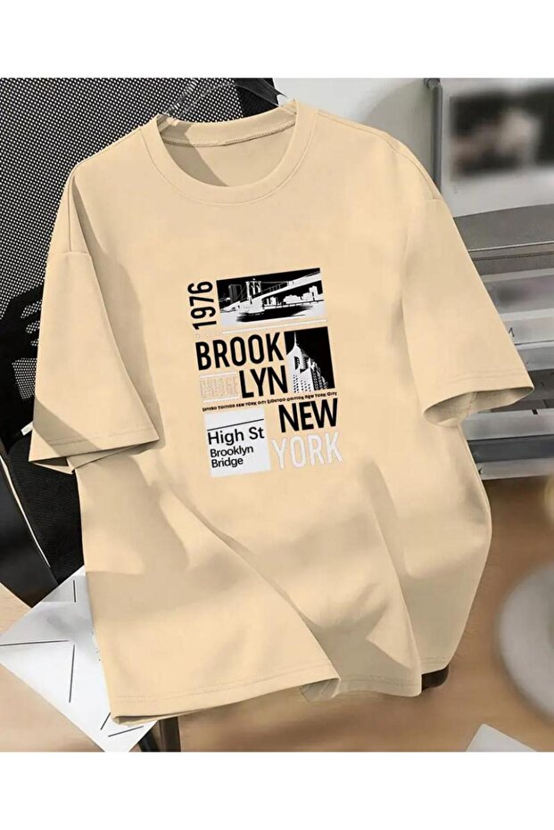 High St Printed Cotton Round Neck Beige T-Shirt