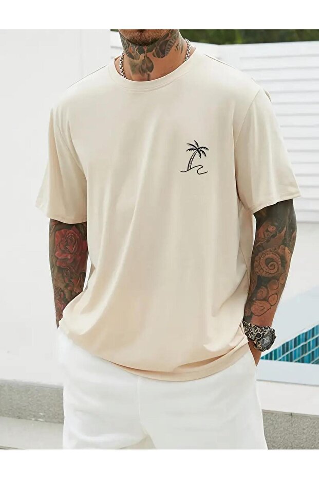 Small Palm Tree Cotton Combed Round Neck Beige T-Shirt