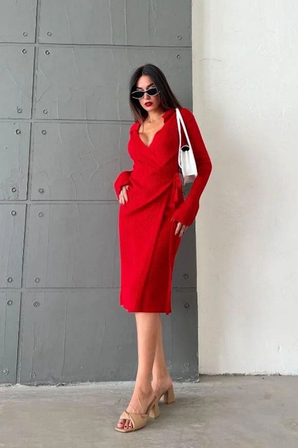 Kırmızı Fitilli Midi Elbise - 4